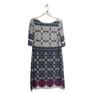 Eliza J Shift Dress Floral Medallion Print Blue White 2/4 Sleeve Knee Length 10